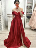 Long A-line Off the Shoulder Satin Front Slit Formal Prom Dresses with Pockets by BIZTUNNEL