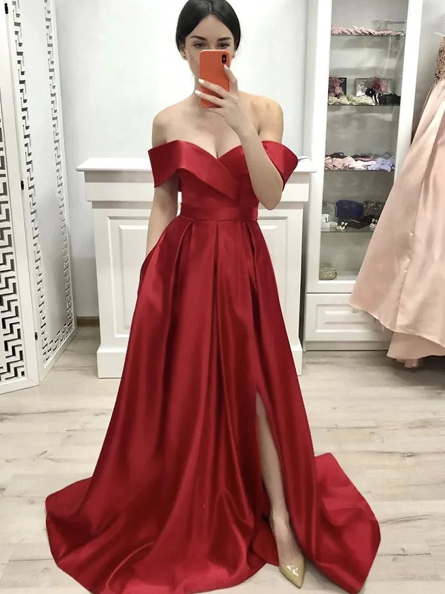 Long A-line Off the Shoulder Satin Front Slit Formal Prom Dresses with Pockets by BIZTUNNEL