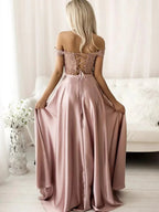Long A-line off the Shoulder Satin Lace Two Piece Formal Prom Dresses by BIZTUNNEL