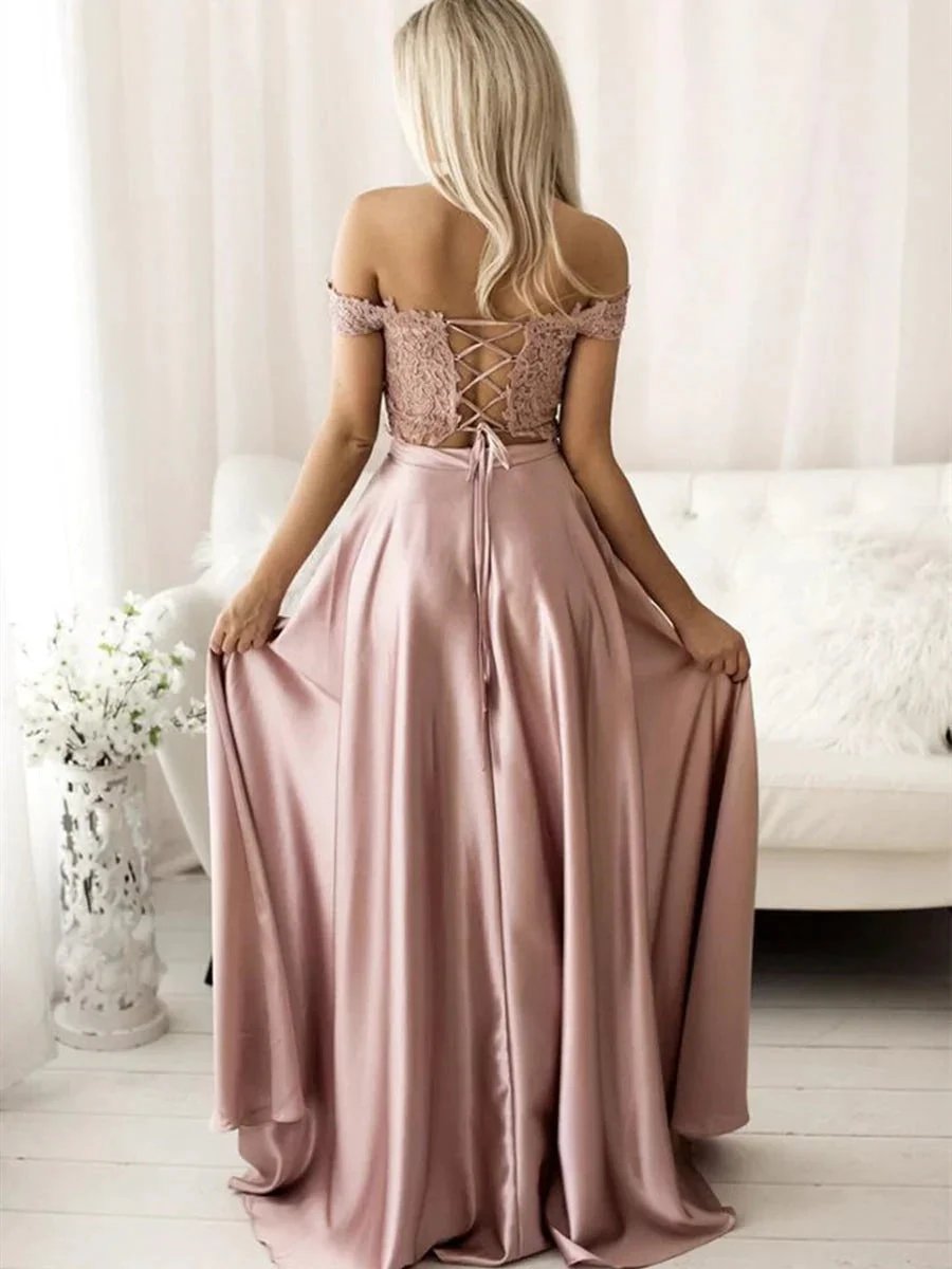 Long A-line off the Shoulder Satin Lace Two Piece Formal Prom Dresses by BIZTUNNEL