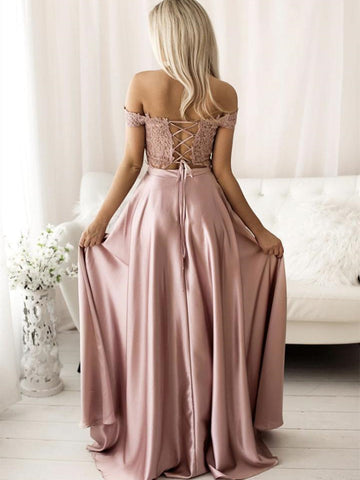 Vestidos de fiesta formales de dos piezas con encaje satinado y hombros descubiertos de corte A largo
