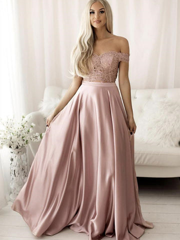 Vestidos de fiesta formales de dos piezas con encaje satinado y hombros descubiertos de corte A largo