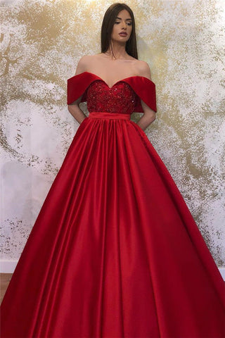 Vestidos de fiesta formales de satén con escote en forma de A y hombros descubiertos