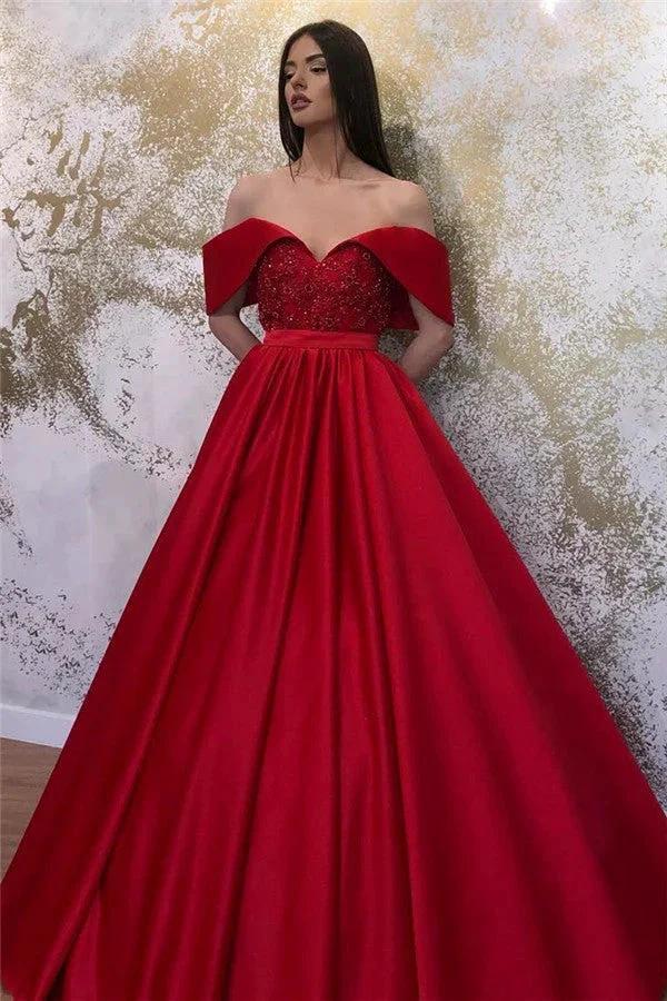 Long A-line Off-the-shoulder Satin Sweetheart Formal Prom Dresses by BIZTUNNEL
