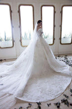Long A-Line Off-the-Shoulder Sweetheart Backless Appliques Lace Crystal Wedding Dress with Sleeves by BIZTUNNEL