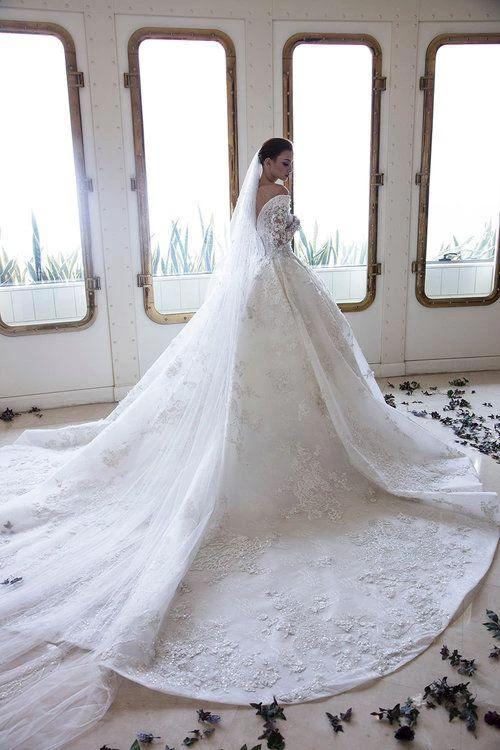 Long A-Line Off-the-Shoulder Sweetheart Backless Appliques Lace Crystal Wedding Dress with Sleeves by BIZTUNNEL