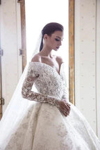 Long A-Line Off-the-Shoulder Sweetheart Backless Appliques Lace Crystal Wedding Dress with Sleeves by BIZTUNNEL