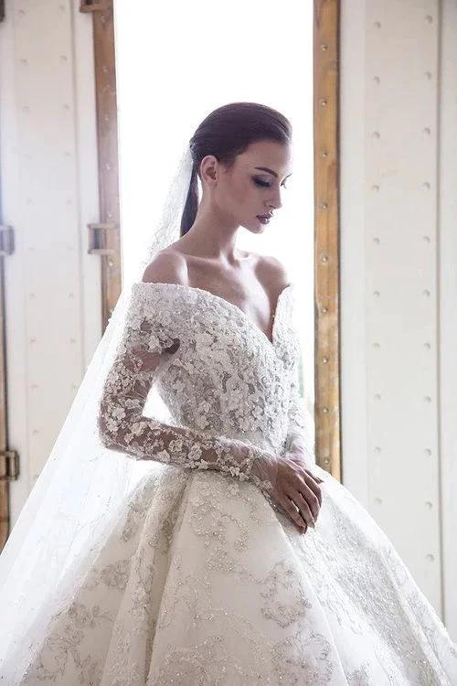 Long A-Line Off-the-Shoulder Sweetheart Backless Appliques Lace Crystal Wedding Dress with Sleeves by BIZTUNNEL
