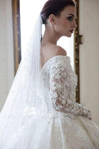 Long A-Line Off-the-Shoulder Sweetheart Backless Appliques Lace Crystal Wedding Dress with Sleeves by BIZTUNNEL