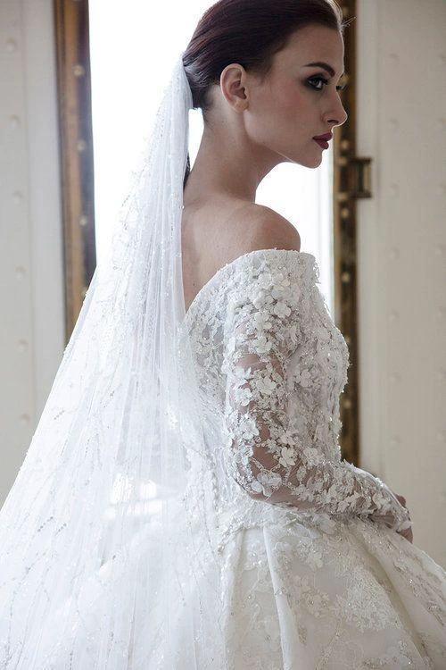 Long A-Line Off-the-Shoulder Sweetheart Backless Appliques Lace Crystal Wedding Dress with Sleeves by BIZTUNNEL