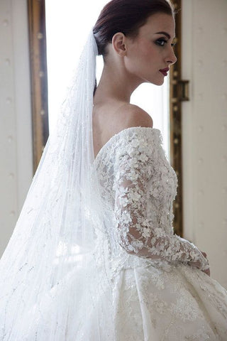 Long A-Line Off-the-Shoulder Sweetheart Backless Appliques Lace Crystal Wedding Dress with Sleeves