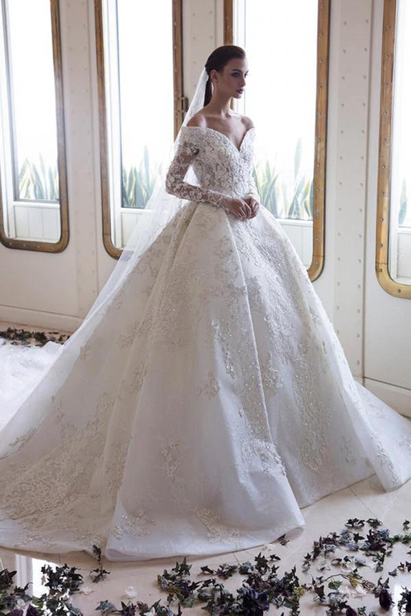 Long A-Line Off-the-Shoulder Sweetheart Backless Appliques Lace Crystal Wedding Dress with Sleeves by BIZTUNNEL