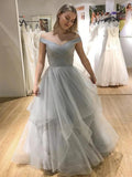 Long A-line Off the Shoulder Tulle Formal Prom Dresses by BIZTUNNEL