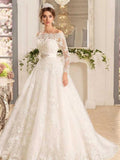 Long A-line Off-the-Shoulder Tulle Lace Wedding Dresses with Sleeves by BIZTUNNEL