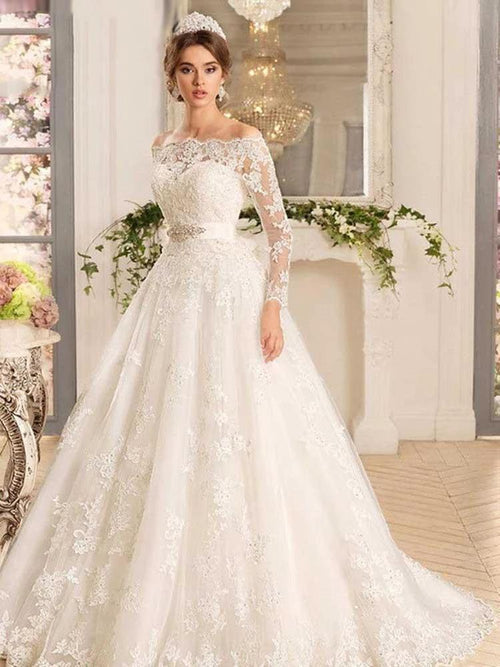 Long A-line Off-the-Shoulder Tulle Lace Wedding Dresses with Sleeves by BIZTUNNEL