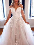 Long A-line off the Shoulder Tulle Prom Dress White Lace Formal Evening Gowns by BIZTUNNEL