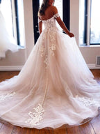 Long A-line off the Shoulder Tulle Prom Dress White Lace Formal Evening Gowns by BIZTUNNEL