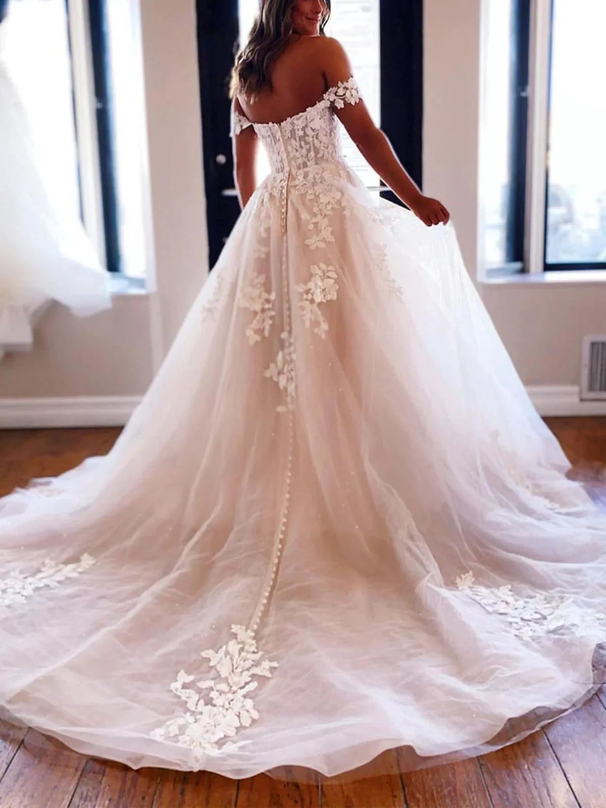 Long A-line off the Shoulder Tulle Prom Dress White Lace Formal Evening Gowns by BIZTUNNEL