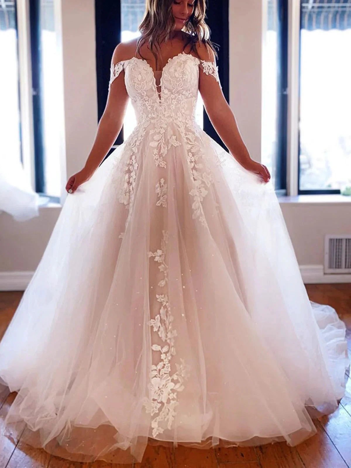 Long A-line off the Shoulder Tulle Prom Dress White Lace Formal Evening Gowns by BIZTUNNEL