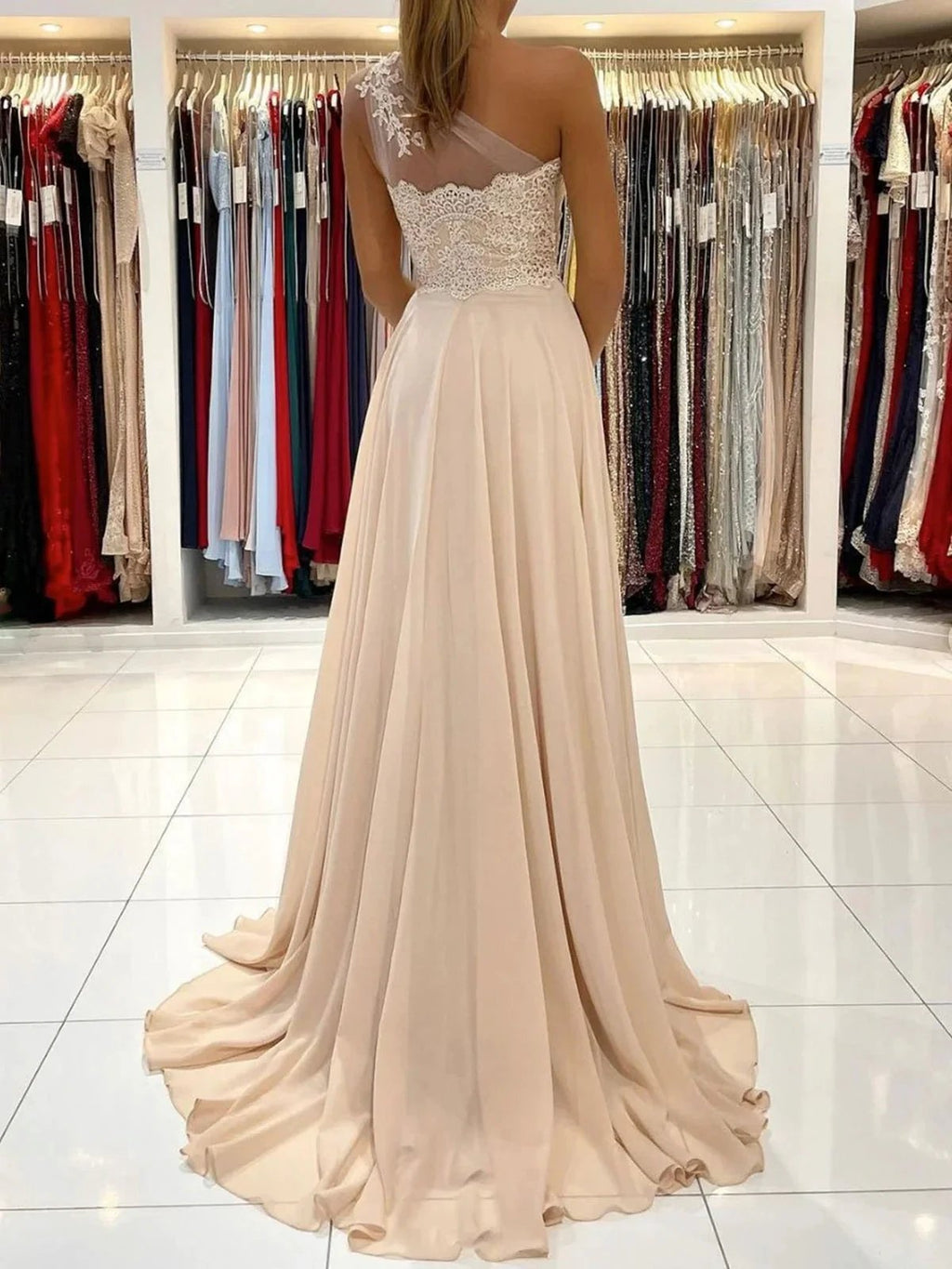 Long A-line One Shoulder Chiffon Prom Dress with Slit Lace Formal Evening Gowns by BIZTUNNEL