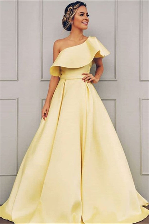Long A-line One Shoulder Satin Yellow Prom Dress Hover Image
