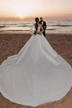 Long A-line One Shoulder Sequins Satin Wedding Dress with Sleeves by BIZTUNNEL