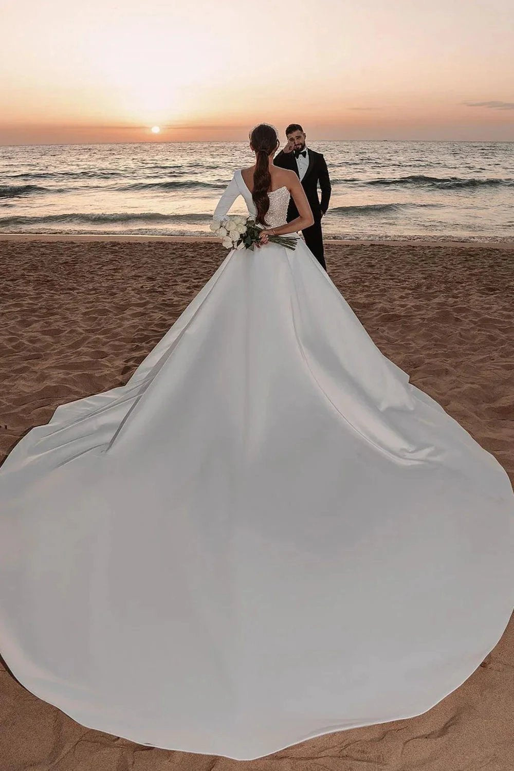 Long A-line One Shoulder Sequins Satin Wedding Dress with Sleeves by BIZTUNNEL