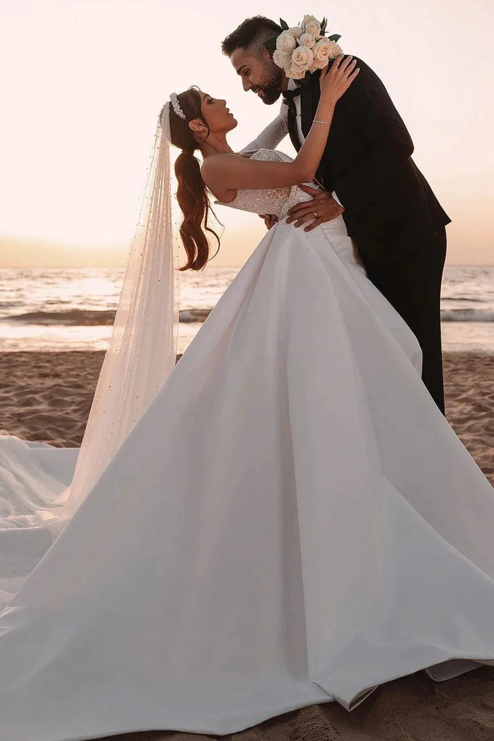 Long A-line One Shoulder Sequins Satin Wedding Dress with Sleeves by BIZTUNNEL
