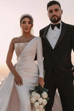 Long A-line One Shoulder Sequins Satin Wedding Dress with Sleeves by BIZTUNNEL