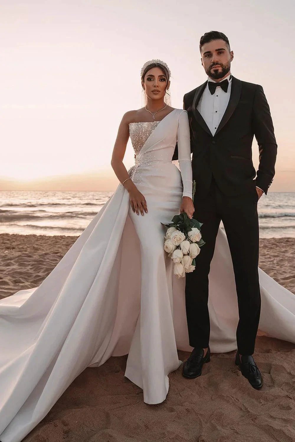 Long A-line One Shoulder Sequins Satin Wedding Dress with Sleeves by BIZTUNNEL