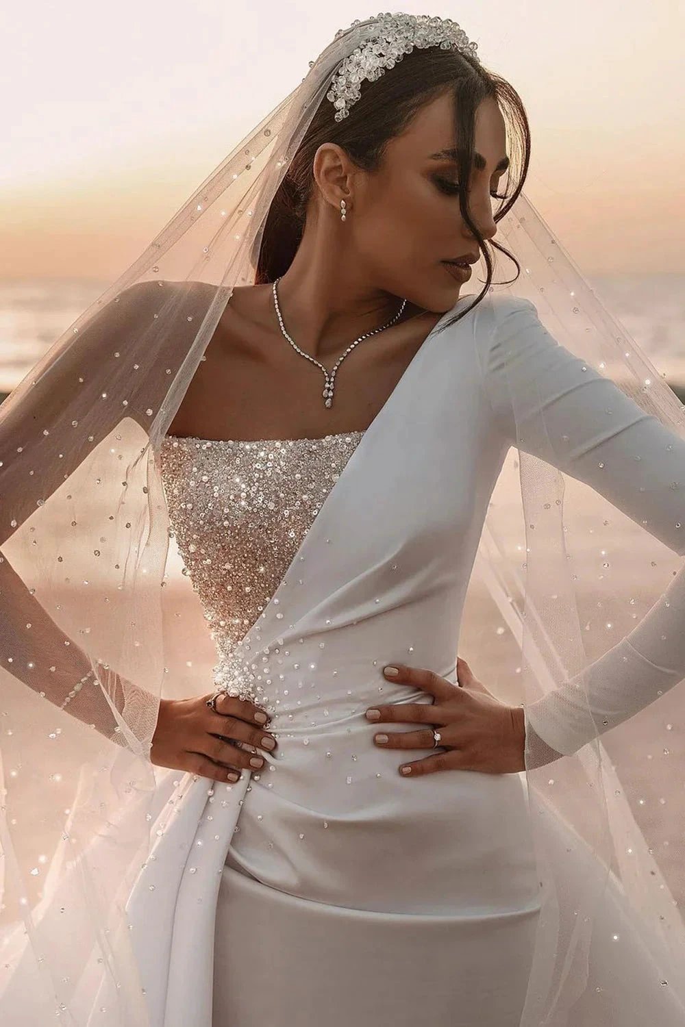 Long A-line One Shoulder Sequins Satin Wedding Dress with Sleeves by BIZTUNNEL