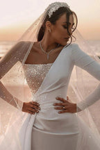Long A-line One Shoulder Sequins Satin Wedding Dress with Sleeves by BIZTUNNEL