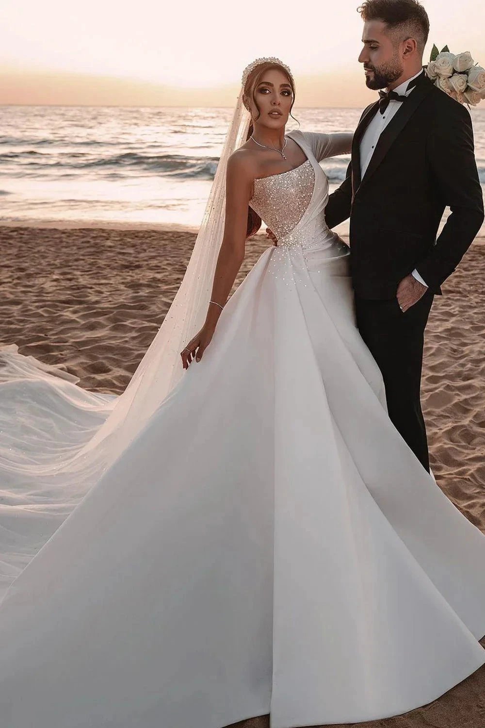 Long A-line One Shoulder Sequins Satin Wedding Dress with Sleeves by BIZTUNNEL
