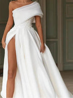 Long A-Line One Shoulder Sweep Brush Train Chiffon Wedding Dresses with Slit by BIZTUNNEL