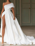 Long A-Line One Shoulder Sweep Brush Train Chiffon Wedding Dresses with Slit by BIZTUNNEL
