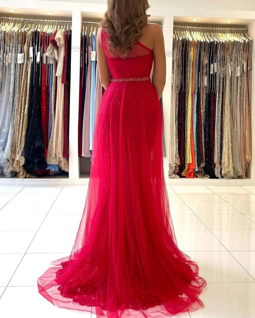 Long A-line One Shoulder Tulle Front Slit Prom Dress with Detacable Train by BIZTUNNEL