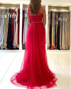 Long A-line One Shoulder Tulle Front Slit Prom Dress with Detacable Train by BIZTUNNEL