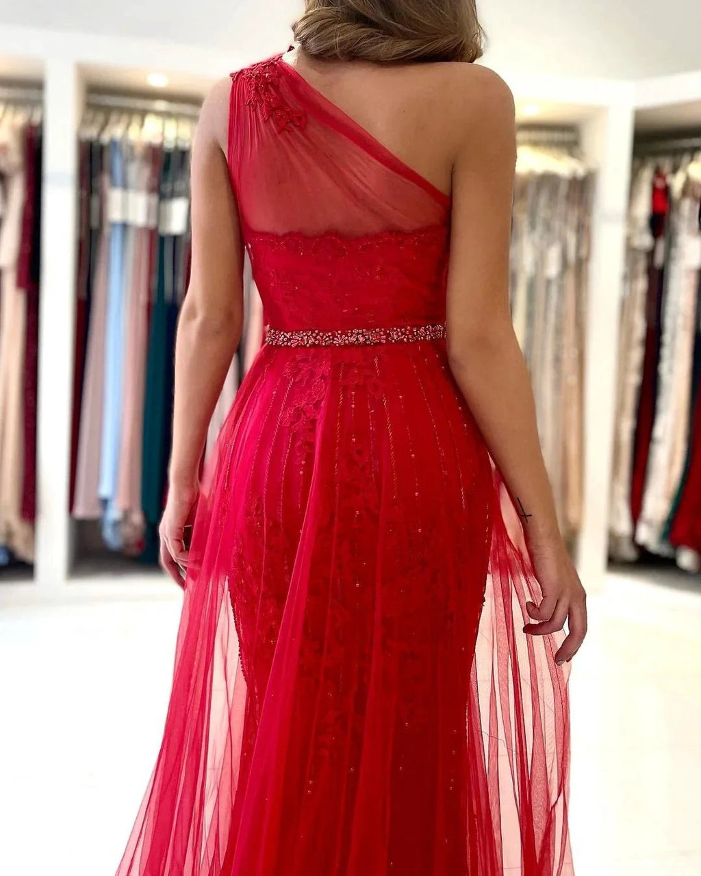 Long A-line One Shoulder Tulle Front Slit Prom Dress with Detacable Train by BIZTUNNEL