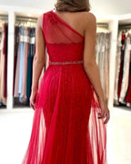 Long A-line One Shoulder Tulle Front Slit Prom Dress with Detacable Train by BIZTUNNEL