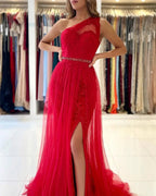 Long A-line One Shoulder Tulle Front Slit Prom Dress with Detacable Train by BIZTUNNEL