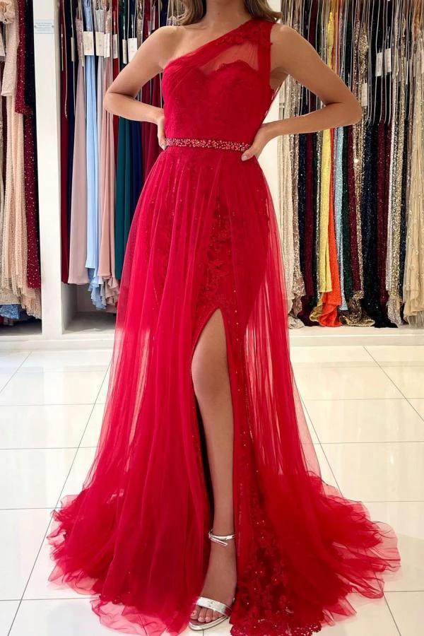 Long A-line One Shoulder Tulle Front Slit Prom Dress with Detacable Train by BIZTUNNEL