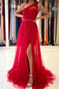 Long A-line One Shoulder Tulle Front Slit Prom Dress with Detacable Train by BIZTUNNEL