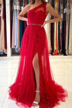 Long A-line One Shoulder Tulle Front Slit Prom Dress with Detacable Train by BIZTUNNEL