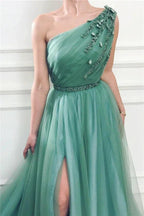 Long A-line One Shoulder Tulle Prom Dress with Slit by BIZTUNNEL
