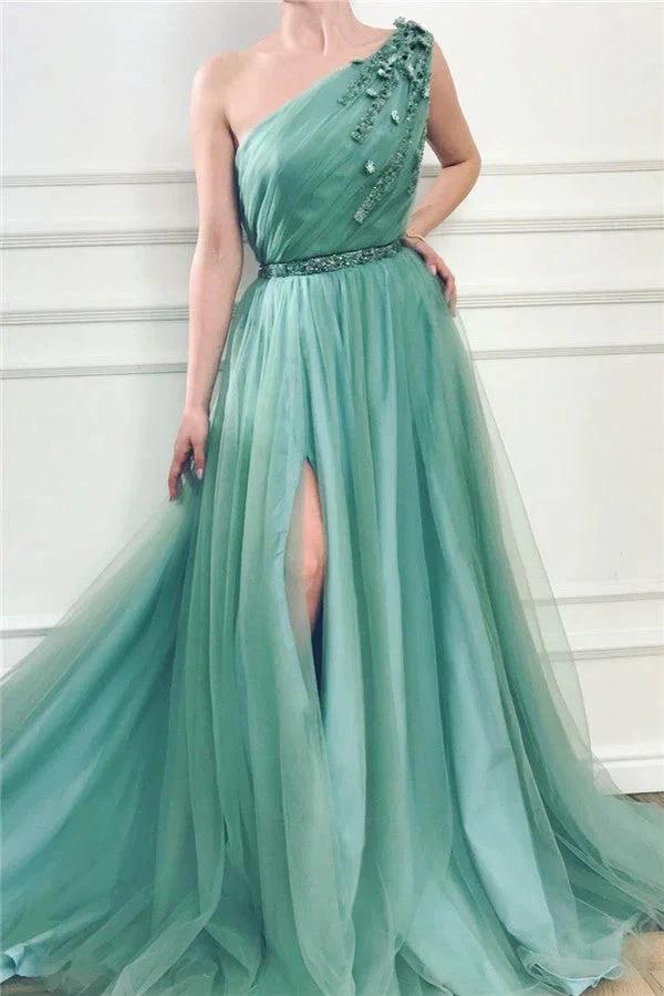 Long A-line One Shoulder Tulle Prom Dress with Slit by BIZTUNNEL