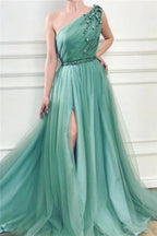 Long A-line One Shoulder Tulle Prom Dress with Slit by BIZTUNNEL