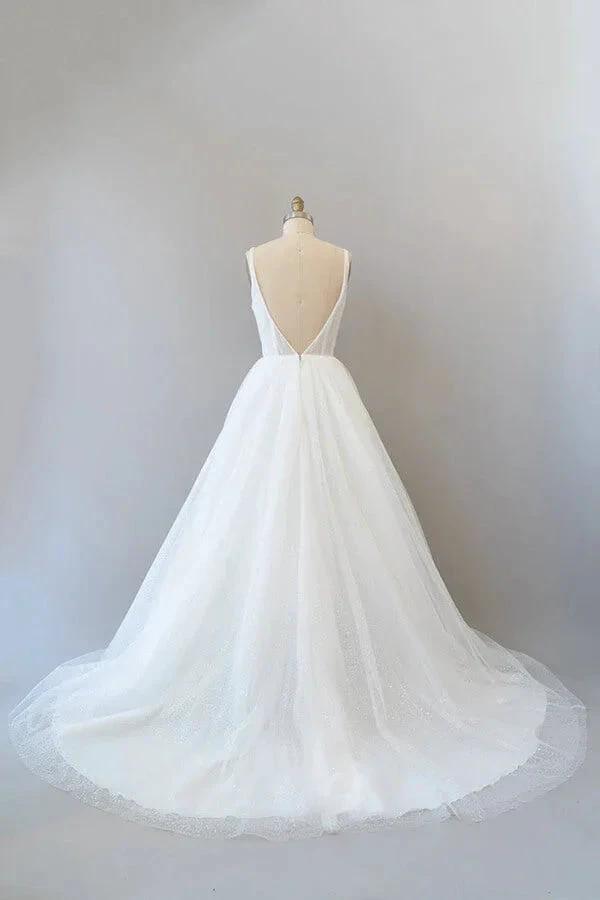 Long A-line Open Back Sequins Tulle Backless Wedding Dress by BIZTUNNEL