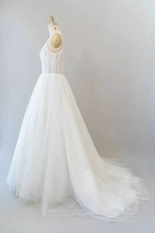 Long A-line Open Back Sequins Tulle Backless Wedding Dress by BIZTUNNEL