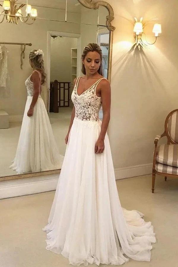 Long A-line Open Back V-neck Lace Chiffon Wedding Dress by BIZTUNNEL