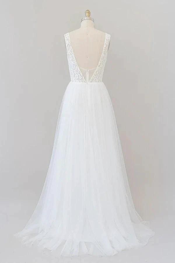 Long A-line Open Back V-neck Lace Tulle Wedding Dress by BIZTUNNEL